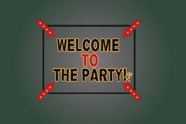Text sign showing Welcome To The Party. Conceptual photo Greeting starting celebration fun joy happiness Square Outline with Corner Arrows Pointing Inwards on Color Background. — Stock Photo, Image