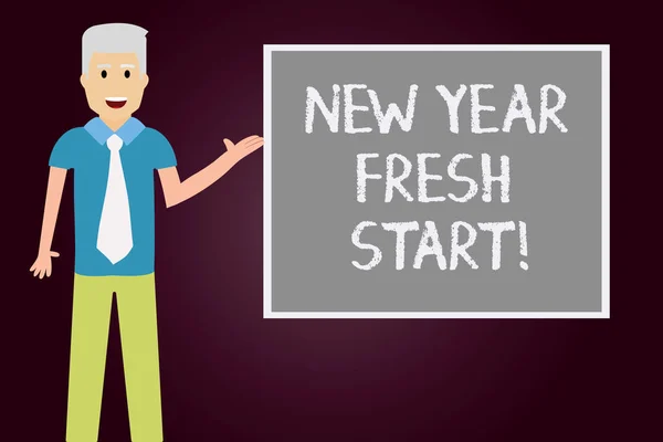 Conceptual hand writing showing New Year Fresh Start. Business photo text Motivation inspiration 365 days full of opportunities Man with Tie Talking Presenting Blank Color Square Board. — Stock Photo, Image