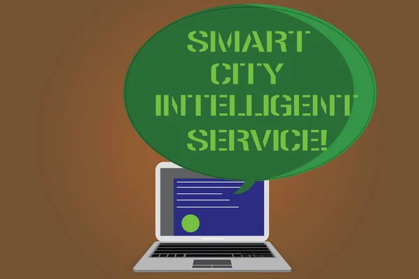 Writing note showing Smart City Intelligent Service. Business photo showcasing Connected technological modern cities Certificate Layout on Laptop Screen and Halftone Speech Bubble.