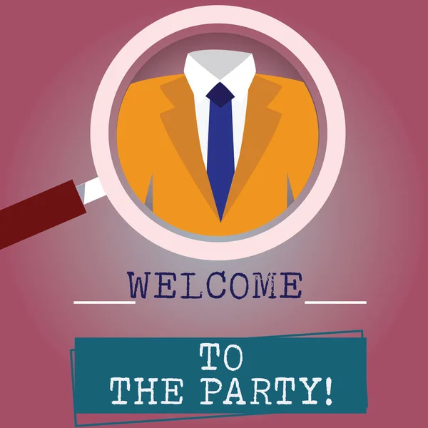 Handwriting text writing Welcome To The Party. Concept meaning Greeting starting celebration fun joy happiness Magnifying Glass photo Enlarging Inspecting a Tuxedo and Label Tag Below. — Stock Photo, Image