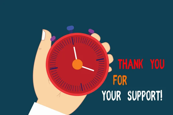 Text sign showing Thank You For Your Support. Conceptual photo Appreciation Be grateful for help given Hu analysis Hand Holding Mechanical Stop Watch Timer with Start Stop Button.