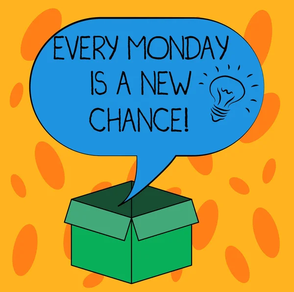 Письмо, показывающее каждый понедельник это новый шанс. Начните неделю с иконки "Идея мотивации позитивизма" Внутри пустой пузырь полутоновой речи над открытой коробкой для картона . — стоковое фото