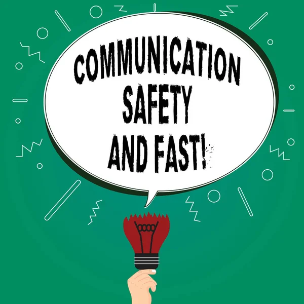 Handwriting text writing Communication Safety And Fast. Concept meaning Security quickly speed in communications Blank Oval Color Speech Bubble Above a Broken Bulb with Failed Idea icon.