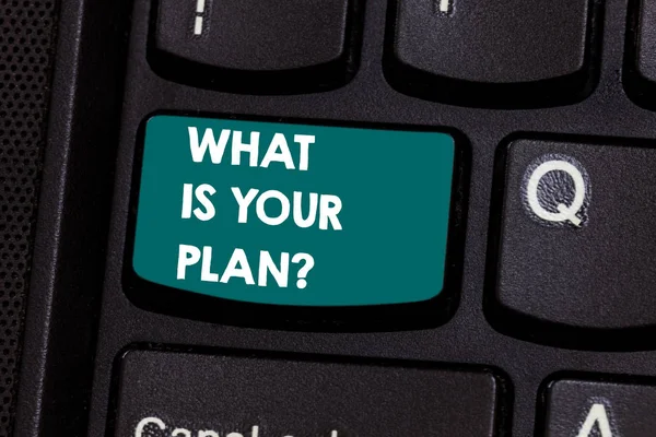 Text sign showing What Is Your Plan. Conceptual photo Show us your schedule strategies to accomplish goals Keyboard key Intention to create computer message pressing keypad idea.
