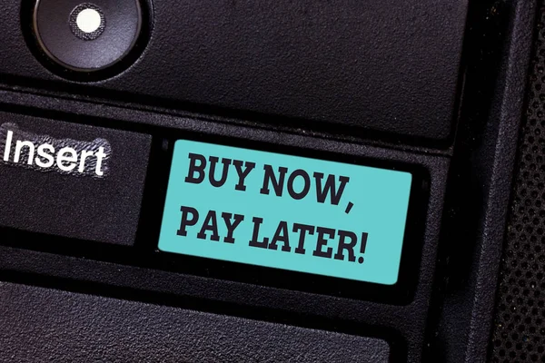 Writing note showing Buy Now Pay Later. Business photo showcasing Credit to purchase things payment time after buying Keyboard key Intention to create computer message pressing keypad idea.
