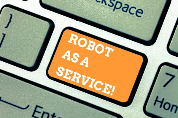 サービスとしてロボットを示すメモを書きます。ビジネス写真人工知能デジタル援助チャットボット キーボード キーのキーパッドのアイデアを押すとコンピューターのメッセージを作成する意図を展示. — ストック写真