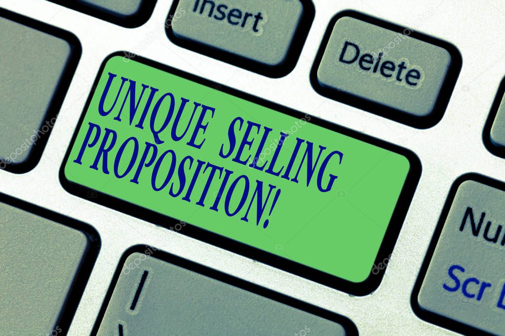Writing note showing Unique Selling Proposition. Business photo showcasing differentiates a product from its competitors Keyboard key Intention to create computer message pressing keypad idea.