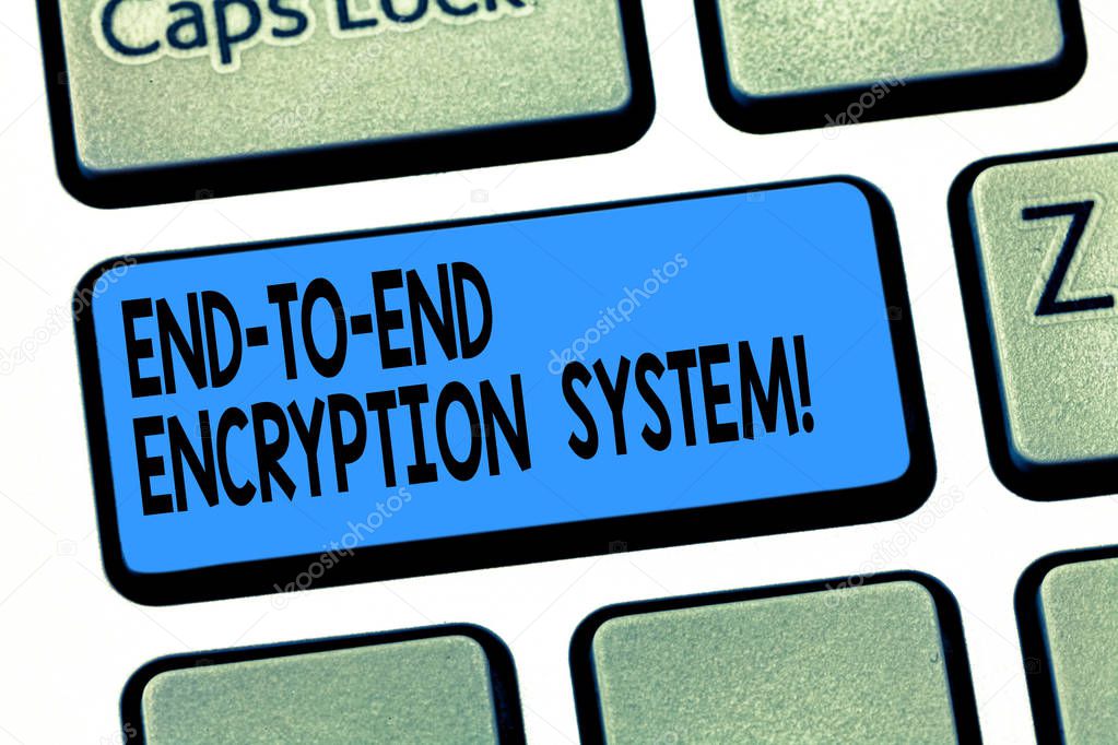 Word writing text End To End Encryption System. Business concept for method used for securing encrypted data Keyboard key Intention to create computer message pressing keypad idea.