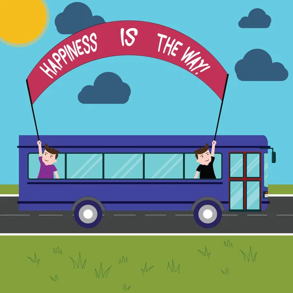 La escritura manual conceptual que muestra la felicidad es el camino. Exhibición de fotos de negocios Esté siempre feliz y consiga lograr sus metas Dos niños dentro del autobús escolar sosteniendo la bandera con el palillo . —  Fotos de Stock