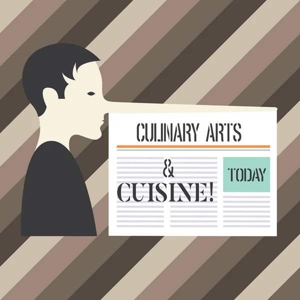 Handwriting text writing Culinary Arts And Cuisine. Concept meaning Chef preparing gourmet foods excellent recipes Man with a Very Long Nose like Pinocchio a Blank Newspaper is attached.