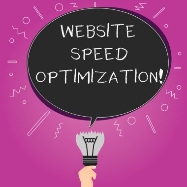 Word metin Web sitesi hız optimizasyonu yazma. İş kavramı için geliştirin Web sitesi hız sürücü iş hedeflerine boş Oval renk konuşma balonu yukarıda bir kırık ampul fikir başarısız simgesi olan.