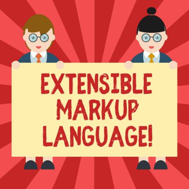 Kavramsal el Genişletilebilir Biçimlendirme Dili gösterilen yazma. Etiket öğesi erkek ve dişi Tekdüzen Holding afiş afiş metin alanı tanımlarken kullanmak bilgisayar dili vitrine iş fotoğraf.