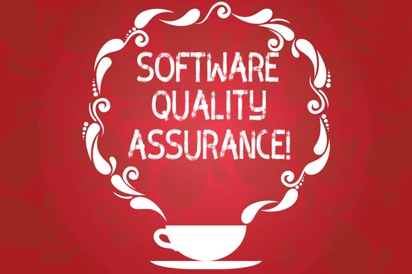 Word writing text Software Quality Assurance. Business concept for Ensuring quality in software engineering process Cup and Saucer with Paisley Design as Steam icon on Blank Watermarked Space.
