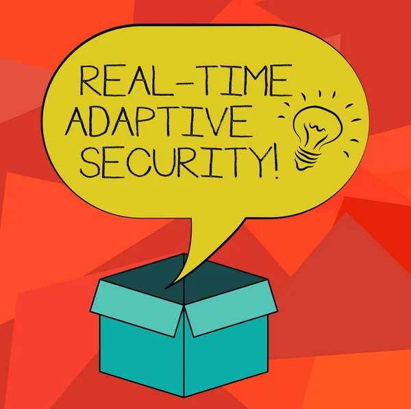 Tulisan firman teks Real Time Adaptive Security. Konsep bisnis untuk mengakomodasi munculnya ikon perimeter ganda Idea Inside Blank Halftone Speech Bubble Over an Open Carton Box . — Stok Foto