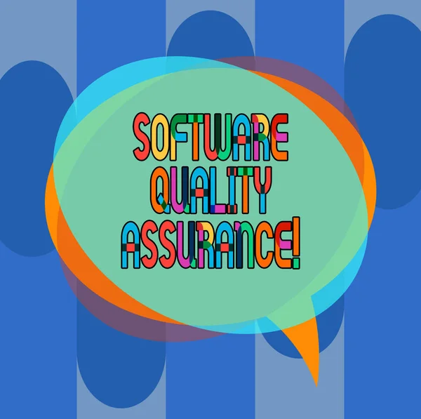 Conceptual hand writing showing Software Quality Assurance. Business photo showcasing Ensuring quality in software engineering process Speech Bubble and Stack of Transparent Circle Overlapping.