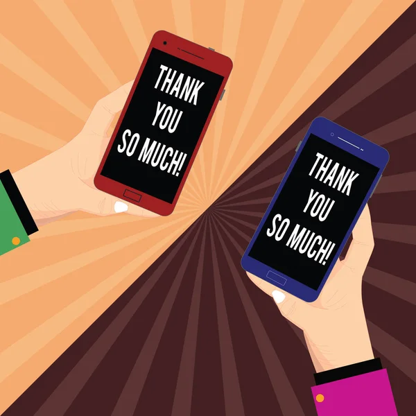 Konceptuella hand skrivande visar tack så mycket. Företag foto text uttryck av tacksamhet hälsningar av uppskattning två Hu analys händer håller tom Smartphone på Sunburst. — Stockfoto