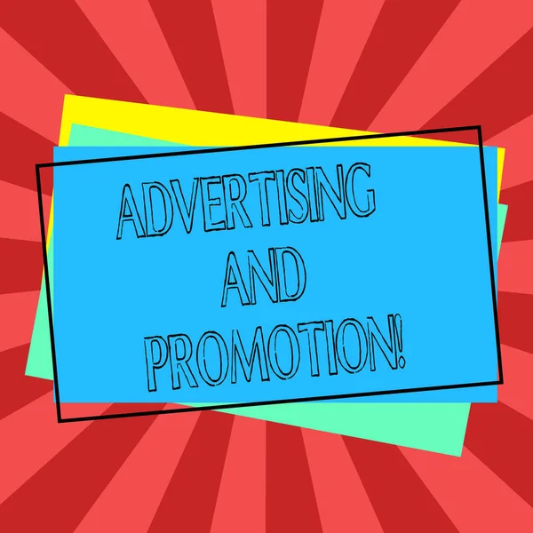 Text sign showing Advertising And Promotion. Conceptual photo Actions to stimulate customers to buy right now Pile of Blank Rectangular Outlined Different Color Construction Paper.