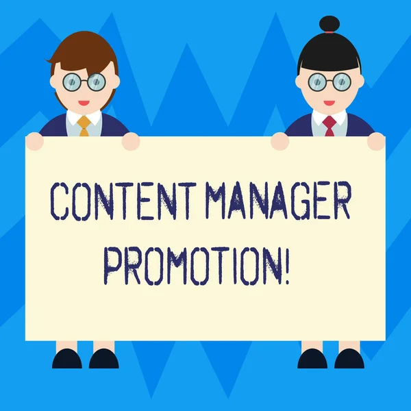 Text sign showing Content Manager Promotion. Conceptual photo someone who oversees the content presented Male and Female in Uniform Standing Holding Blank Placard Banner Text Space.