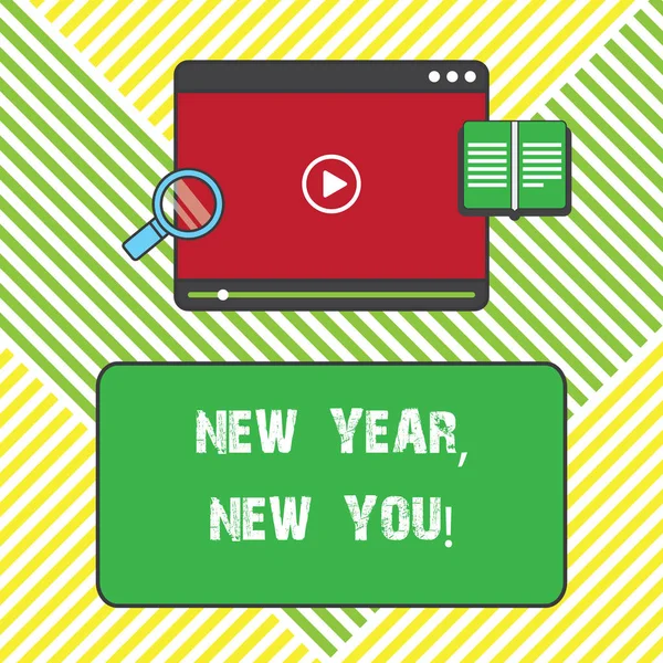 Text sign showing New Year New You. Conceptual photo 365 days of opportunities to change your expectations Tablet Video Player Uploading Downloading and Magnifying Glass Text Space. — Stock Photo, Image