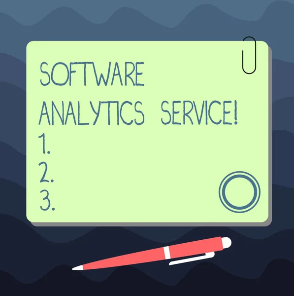 Segno di testo che mostra Software Analytics Service. Foto concettuale Utilizzato per migliorare le operazioni e generare entrate Tavola a colori quadrata vuota con magnete Clicca penna a sfera Pushpin e clip . — Foto Stock