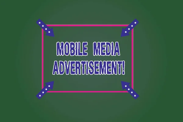 Conceptual hand writing showing Mobile Media Advertisement. Business photo showcasing Advertising via mobile phones or other devices Square Outline with Corner Arrows Point on Color Background. — Stock Photo, Image