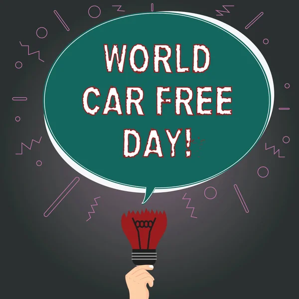 Writing note showing World Car Free Day. Business photo showcasing Environment protection campaign avoid pollution Oval Speech Bubble Above a Broken Bulb with Failed Idea icon.
