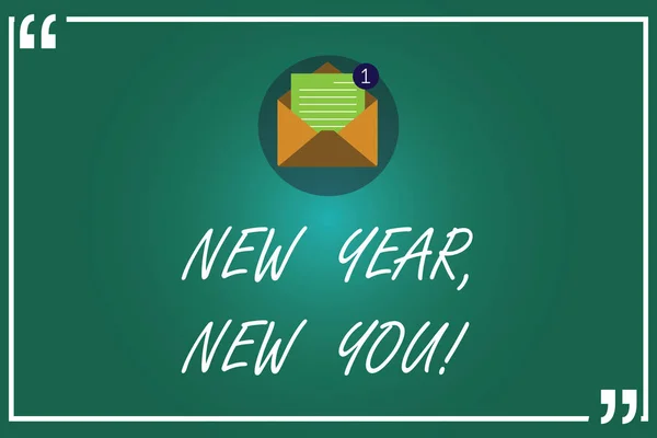 Handwriting text writing New Year New You. Concept meaning 365 days of opportunities to change your expectations Open Envelope with Paper New Email Message inside Quotation Mark Outline. — Stock Photo, Image