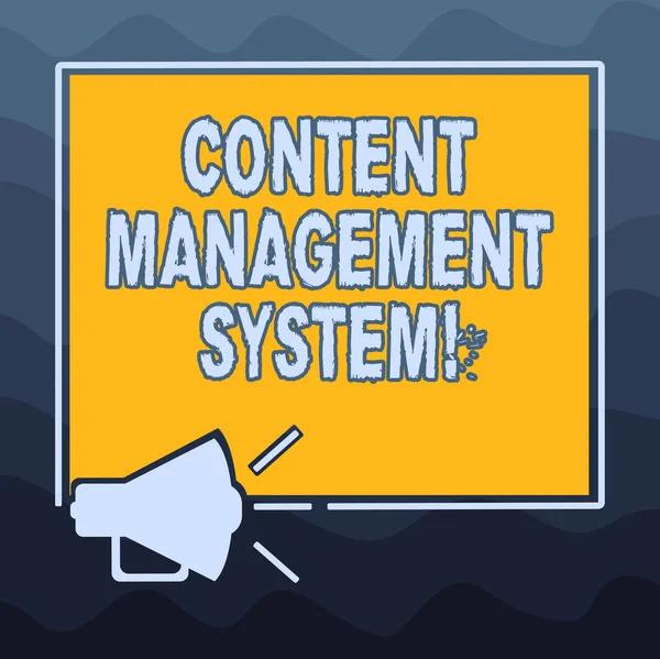 Writing note showing Content Management System. Business photo showcasing Manages creation and reform of digital content Megaphone Sound icon Outlines Square Loudspeaker Text Space photo.