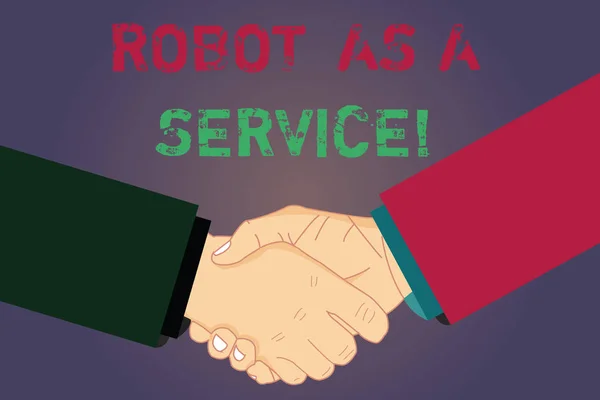 Handskrift text skriver Robot som en tjänst. Begreppet mening artificiell intelligens Digital hjälp chat bot Hu analys skakar händer på avtalet tecken av respekt och ära. — Stockfoto