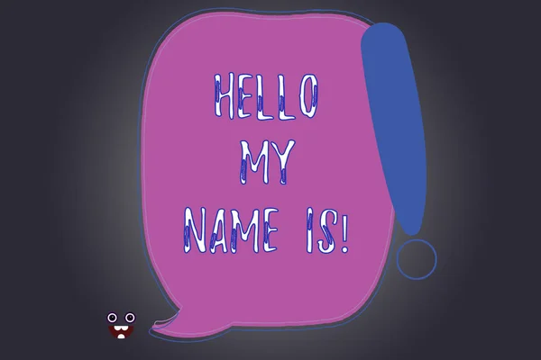 Handwriting text writing Hello My Name Is. Concept meaning introducing yourself to new showing workers as Presentation Blank Color Speech Bubble Outlined with Exclamation Point Monster Face icon.