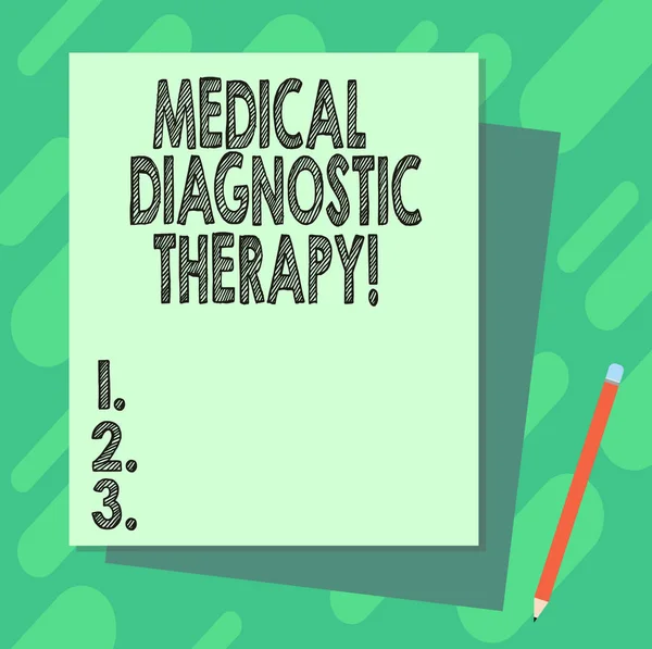Word writing text Medical Diagnostic Therapy. Business concept for Determining demonstrating is  disease base on symptoms Stack of Blank Different Pastel Color Construction Bond Paper and Pencil.