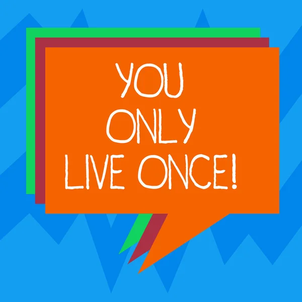 Text sign showing You Only Live Once. Conceptual photo Seize the day and be happy motivated enjoy life Stack of Speech Bubble Different Color Blank Colorful Piled Text Balloon.