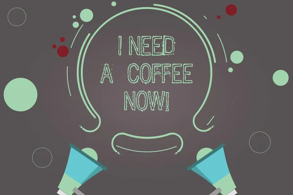 Handwriting text I Need A Coffee Now. Concept meaning Hot beverage required to be awake motivated have energy Two Megaphone and Circular Outline with Small Circles on Color Background. — Zdjęcie stockowe