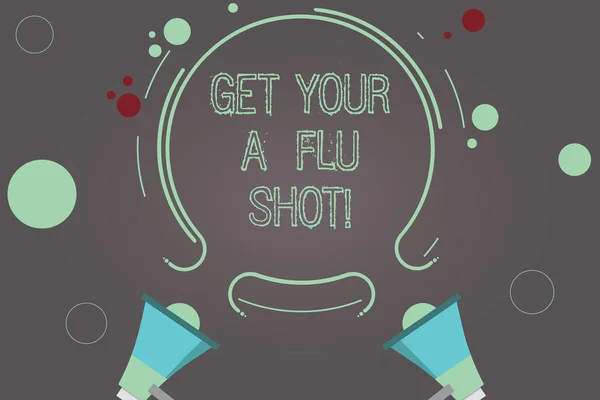 手写文本得到你的流感镜头。概念意义有疫苗接种, 以避免生病免疫两个扩音器和圆形大纲与小圆在颜色背景. — 图库照片