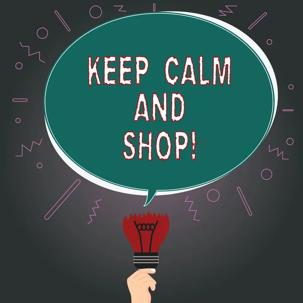 Writing note showing Keep Calm And Shop. Business photo showcasing Relax leisure time relaxing by purchasing shopping Oval Speech Bubble Above a Broken Bulb with Failed Idea icon.