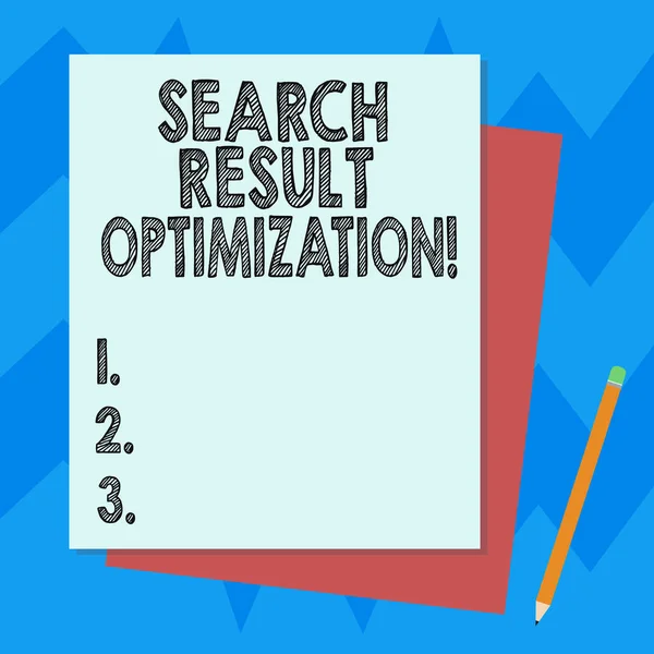 Nota de escritura que muestra la optimización de resultados de búsqueda. Foto de negocios que muestra la creciente visibilidad en los resultados del motor de búsqueda Pila de diferentes colores pastel Construir Bond Paper Pencil . — Foto de Stock