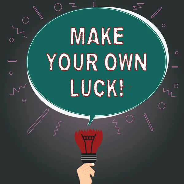 Writing note showing Make Your Own Luck. Business photo showcasing Be the creator of your demonstratingal destiny and chances Oval Speech Bubble Above a Broken Bulb with Failed Idea icon.