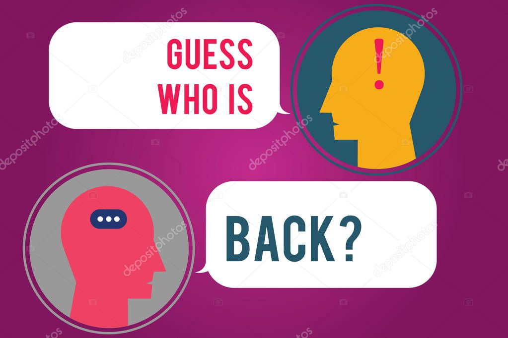 Text sign showing Guess Who Is Back. Conceptual photo Game surprise asking wondering curiosity question Messenger Room with Chat Heads Speech Bubbles Punctuations Mark icon.