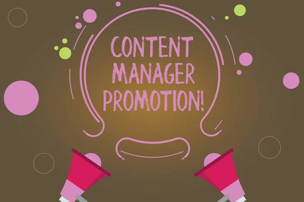 Text sign showing Content Manager Promotion. Conceptual photo someone who oversees the content presented Two Megaphone and Circular Outline with Small Circles on Color Background