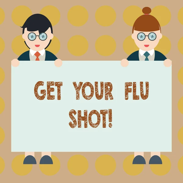 Word writing text Get Your Flu Shot. Business concept for Have a vaccination for avoiding being sick immunization Male and Female in Uniform Standing Holding Blank Placard Banner Text Space.