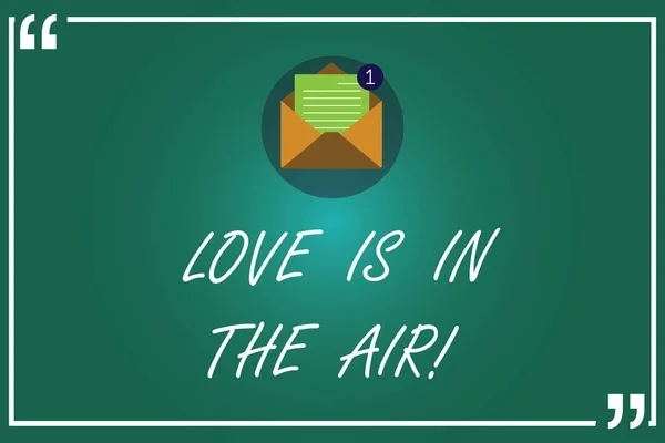 Χειρόγραφο κείμενο γράφοντας αγάπη είναι στον αέρα. Έννοια έννοια Roanalysistic συναισθήματα καταστάσεις νέες σχέσεις ζευγάρι ανοιχτός φάκελος με νέο μήνυμα ηλεκτρονικού ταχυδρομείου χαρτί μέσα στο εισαγωγικό περίγραμμα. — Φωτογραφία Αρχείου