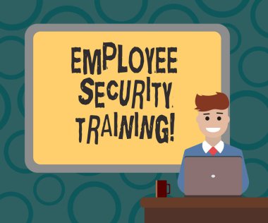 Çalışan güvenlik eğitimi gösterilen Not yazma. Yetiştirerek çalışanlar hakkında bilgisayar güvenliği Bordered kurulu arkasında oturan adam gülümseyen Laptop kupa üstünde okul sırası ile vitrine iş fotoğraf.