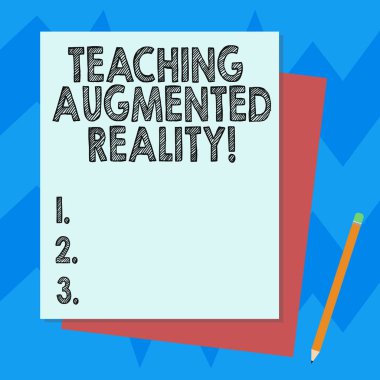 Öğretim Augmented Reality gösterilen Not yazma. Ar apps doğrudan sınıfta yığını, farklı Pastel rengi inşa Bond kağıt kalem kullanımı vitrine iş fotoğraf.