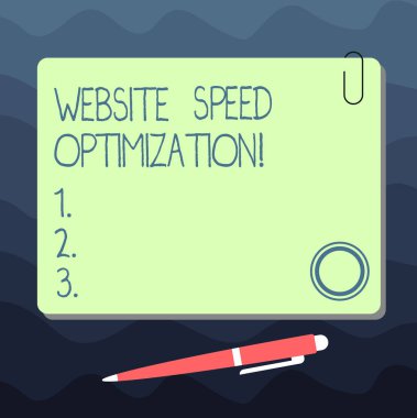 Web sitesi hız optimizasyonu gösterilen metin işareti. Kavramsal fotoğraf geliştirin Web sitenizin hızı sürücü iş hedeflerine Meydanı renk Pano mıknatıs tıklatın tükenmez kalem raptiye ve klip.