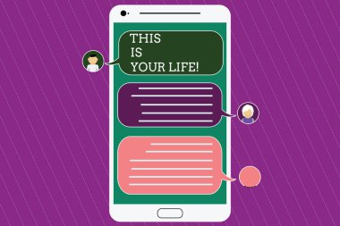 İşte Hayatınız gösterilen metin işareti. Kavramsal fotoğraf ne olursa olsun yapmak için motivasyon güçlendirme vizyon Mobile Messenger ekranı sohbet başkanları ve boş renk konuşma balonları ile istediğiniz.