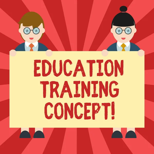 Kavramsal el eğitim eğitim kavramı gösterilen yazma. Bir gösteren erkek ve dişi Tekdüzen Holding afişini metin alanı içinde belirli becerileri inculcating hareket vitrine iş fotoğraf.