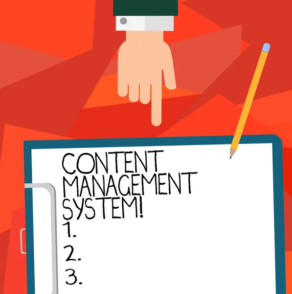 Conceptual hand writing showing Content Management System. Business photo showcasing Manages creation and reform of digital content Hu analysis Hand Pointing to Clipboard with Paper and Pencil.