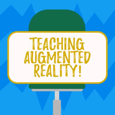 Öğretim Augmented Reality gösterilen metin işareti. Kavramsal fotoğraf Ar apps doğrudan sınıfta boş dikdörtgen şekli etiket oturan yatay olarak döner sandalye üzerinde kullanımı.