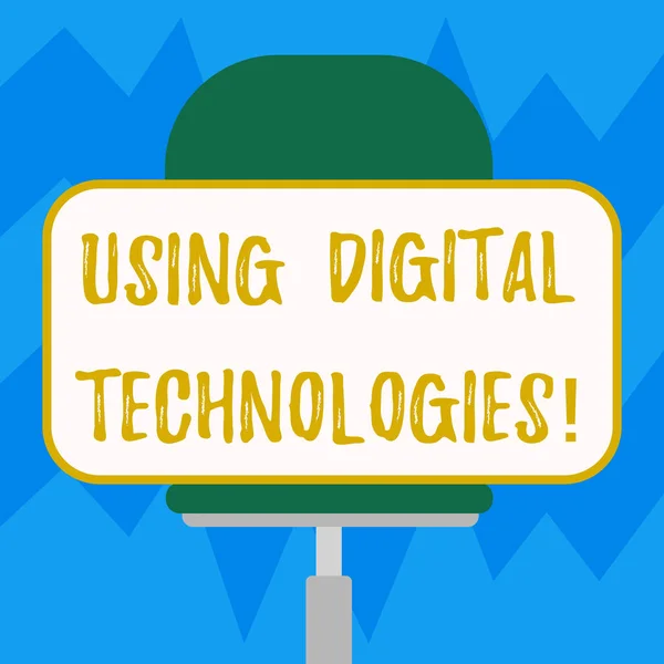 Text sign showing Using Digital Technologies. Conceptual photo use digital information include demonstratingal computer Blank Rectangular Shape Sticker Sitting Horizontally on a Swivel Chair.