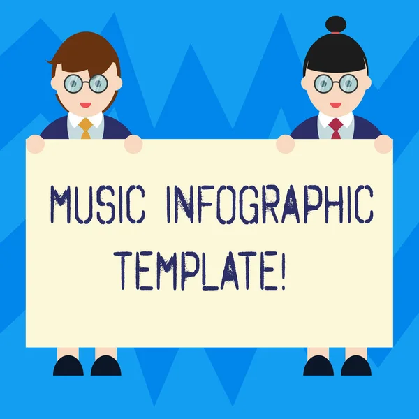 Sinal de texto mostrando Music Infographic Template. Foto conceitual representação de informações em um formato gráfico Masculino e Feminino em pé uniforme Segurando em branco Placard Banner Espaço Texto . — Fotografia de Stock